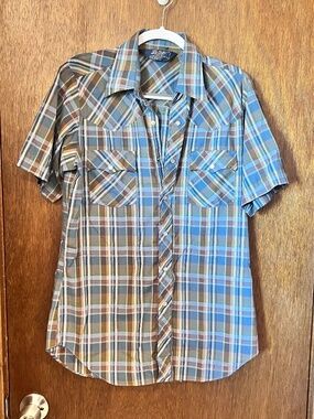 VINTAGE LARIAT BLUE/BROWN PEARL SNAP SHORT SLEEVE WESTERN SHIRT SIZE M